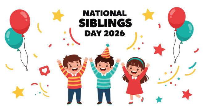 National siblings day 2026 celebration banner with happy children