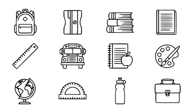 School objects vector icon set with simple bold line art student backpack books pencil and classroom stationery clip art black and white