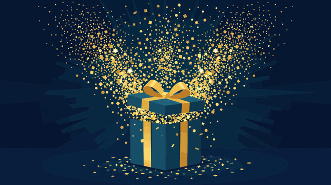Blue gift box with gold ribbon and exploding confetti on dark blue background