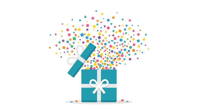 Turquoise gift box with colorful confetti exploding out on white background