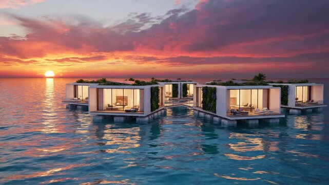 Modern floating modular eco-homes with solar panels and green roofs on a turquoise ocean at sunset, featuring luxury glass-walled interiors and connected walkway systems.
