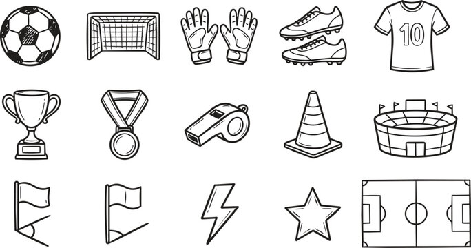 A versatile collection of hand-drawn soccer doodle icons including a ball, stadium, and equipment. Perfect for sports designs, tournament graphics, athletic concepts, and team apparel.