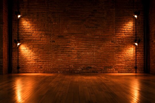 Warmly Lit Brick Wall and Wooden Floor Interior with Industrial Lamps