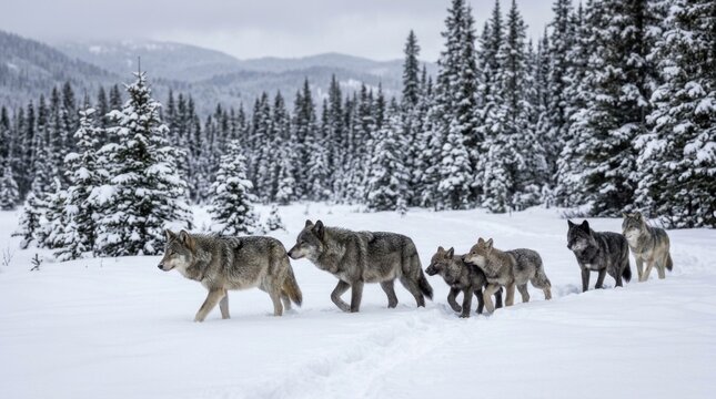 A pack of wolves walking in a snowy forest, with a mountain range in the background.