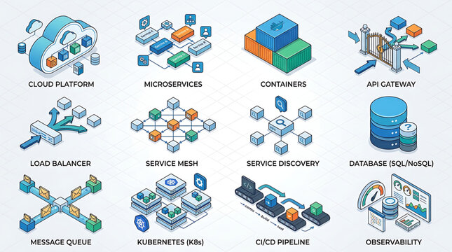 A detailed illustration of various technology and computing concepts including Cloud Platform, Microservices, Containers, and more on a single graphic.