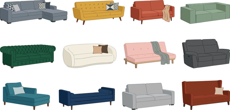 Modern Sofa and Couch Vector Illustration Set with Various Furniture Designs, Colors, and Poses for Interior Decor and Architecture Layouts