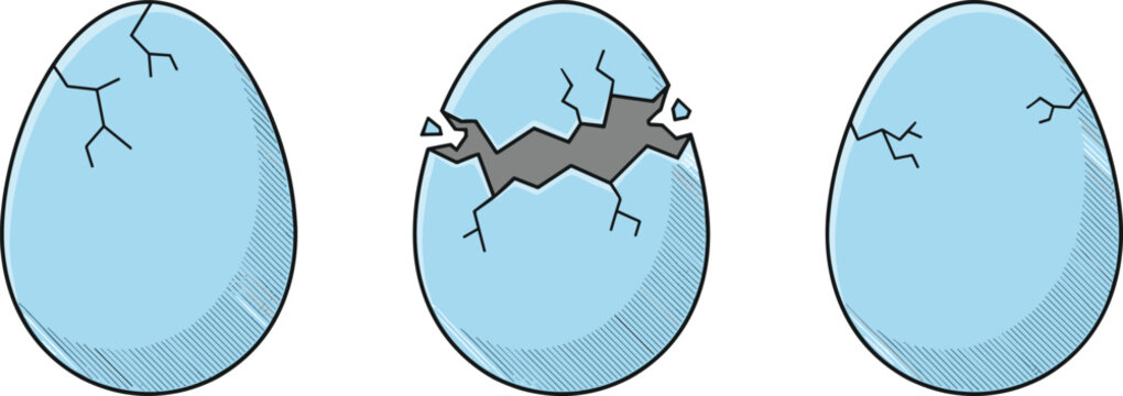 Cracked egg illustrations with blue shell damage progression hatching stages vector artwork