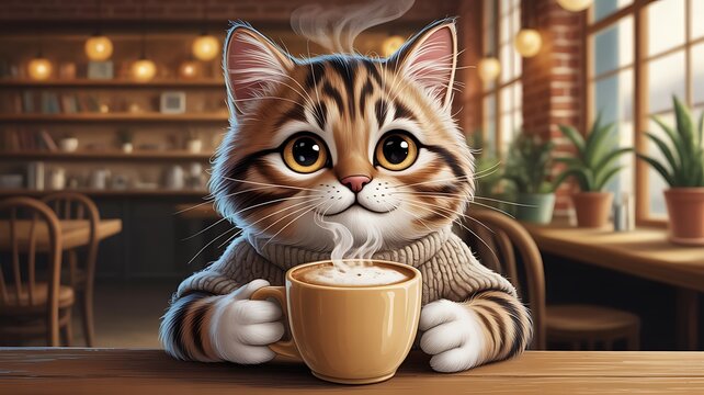 Cat and coffee concept in an imagined special situation. AI generated illustration.
