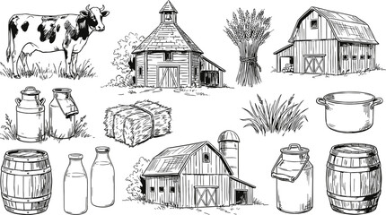 Farm life vintage illustrations with cow barns wheat hay barrels milk cans rural agriculture sketch vector artwork © Sahara