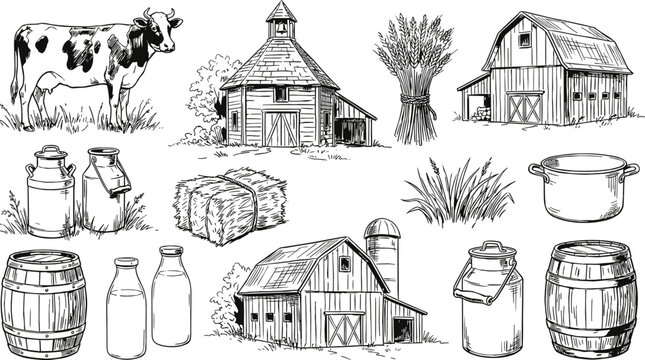 Farm life vintage illustrations with cow barns wheat hay barrels milk cans rural agriculture sketch vector artwork