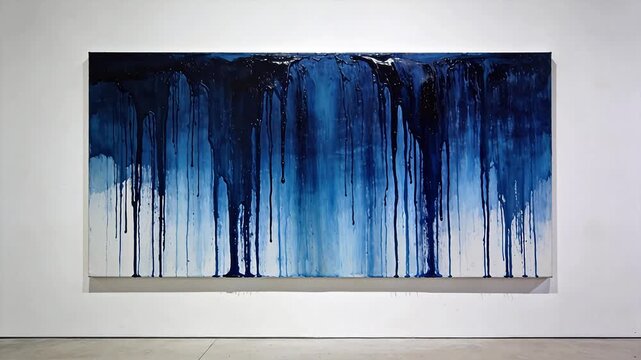 Blue abstract painting with dripping texture on white wall