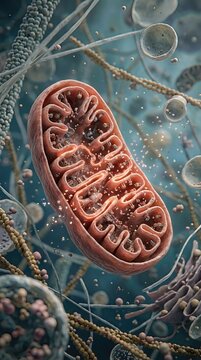 Mitochondrion, intricate cellular organelle producing energy, internal cristae membrane folding, microscopic biological power factory, essential cellular respiration process.