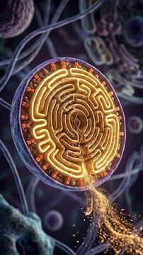 Mitochondrion, biological organelle generating cellular energy, vital powerhouse producing adenosine triphosphate, intricate internal structure processing nutrient molecule.