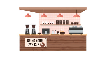 Obraz premium Modern Eco-Friendly Coffee Shop Interior Vector Illustration with Bring Your Own Cup Sign for Sustainability and Zero Waste Promotion