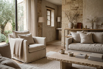 Fototapeta premium Quiet luxury lifestyle display with linen textures and natural stone elements in a cozy living room setting