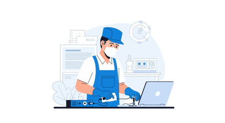 Fototapeta premium Technician in Protective Gear Repairing Electronics and Using Laptop in Laboratory, Flat Vector Illustration for Maintenance and Engineering Service