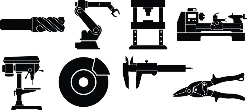 Black silhouette industrial machinery and metalworking tool icon set with robotic arm and lathe