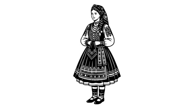 Drawing of woman in traditional Bulgarian folk costume.