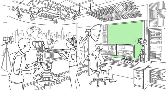 Television studio drawing showing crew members, equipment, green screen.