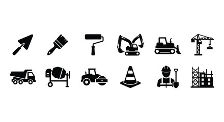 Construction Equipment And Tools Vector Silhouettes On White Background © Fahima