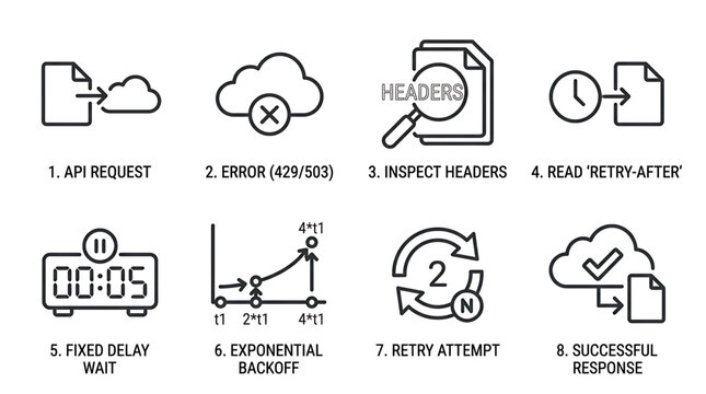 API retry mechanism and rate limit handling workflow icons set representing error response code delay wait backoff concept