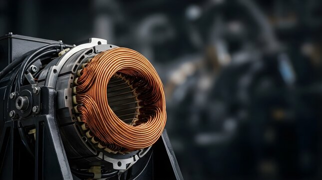 Close-up of copper wire coil inside industrial electric motor stator unit