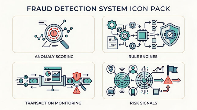 Fraud detection system icons showcase anomaly scoring and transaction monitoring