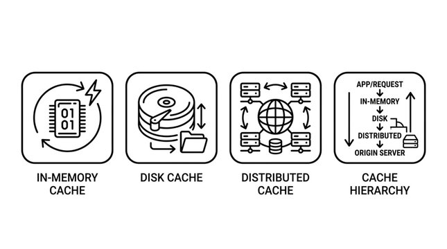A diagram illustrates four types of computer data caching systems including in-memory, disk, distributed, and hierarchy.