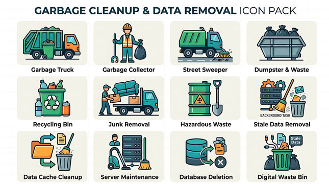 Vector illustration of garbage disposal and digital data cleanup icon set featuring waste management, recycling, and server maintenance symbols