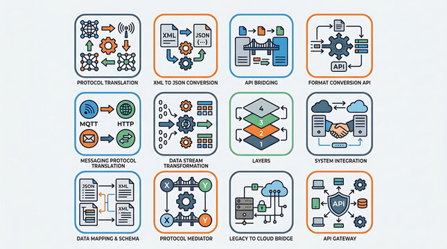 Vector illustration set of API management and data integration icons for software architecture and cloud computing systems