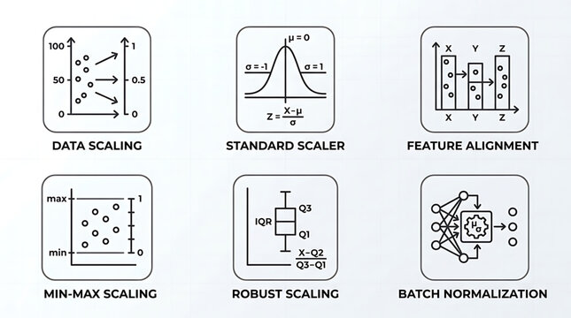 Essential data preprocessing techniques for machine learning explained visually, covering statistical scaling, normalization, and feature engineering for optimizing data analysis