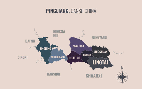 A map showing pingliang gansu Prefacture into County in a minimalist colorful style