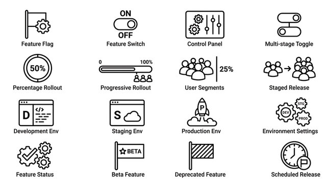 Software Development and Feature Management Icon Set for DevOps and Release Engineering