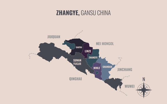 A map showing zhangye gansu Prefacture into County in a minimalist colorful style