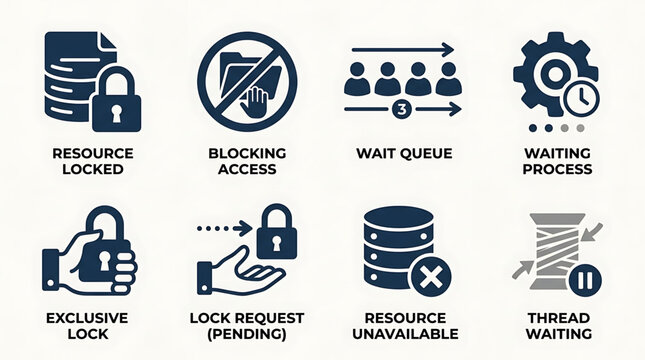 Computer system icons illustrate resource locking process with hand, lock, and queue symbols.