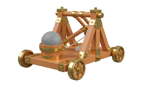 Vintage wooden catapult miniature model with gold details catapult medieval miniature mechanical engineering technology construction artillery historic projectile