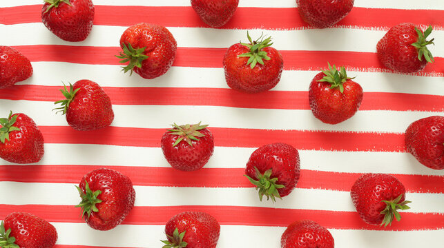Fresh ripe red strawberries scattered on a painted red and white striped background