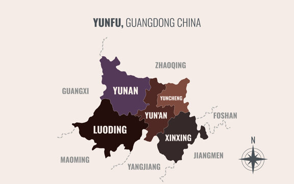 A map showing yunfu guangdong Prefacture into County in a minimalist colorful style