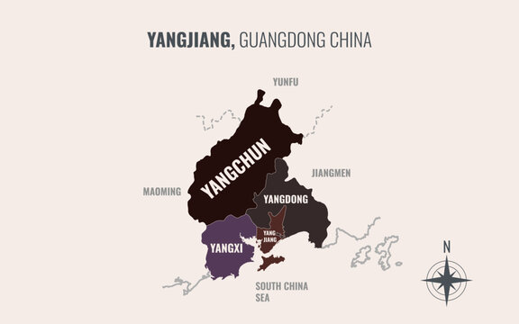 A map showing yangjiang guangdong Prefacture into County in a minimalist colorful style
