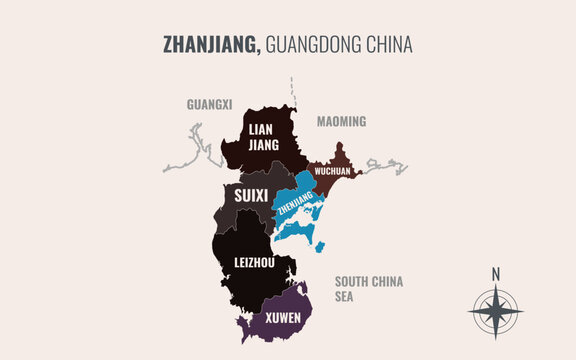 A map showing zhanjiang guangdong Prefacture into County in a minimalist colorful style