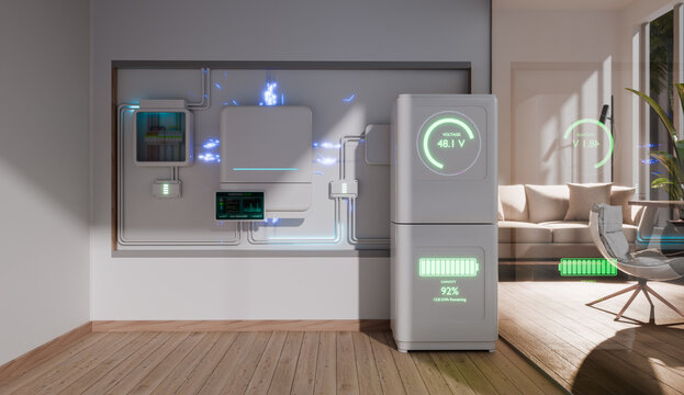An interactive control panel mounted on the wall displays graphic data and power flow animations, allowing users to effortlessly monitor real-time generation, consumption, and charging status. The ove