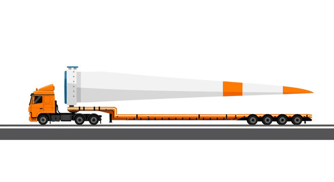 Semi-Truck Carrying Large Wind Turbine Blade on Flatbed Trailer for Renewable Energy Logistics, Heavy Load Transport Vector Illustration