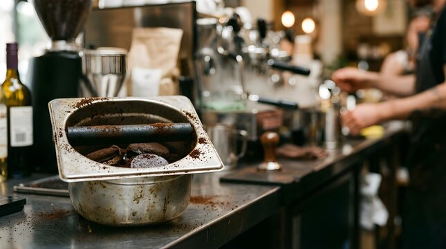 Coffee grounds in a metal knock box at a busy cafe counter with barista