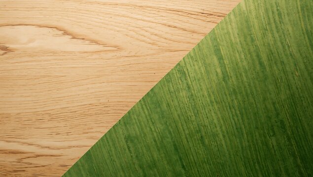 Diagonal split texture of natural wood and green fiber fabric with diagonal background material woodgrain