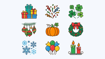 Fototapeta premium Collection of festive holiday celebration and seasonal event icons.