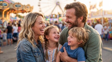 Obraz premium Joyful family sharing a happy moment together at an amusement park fair