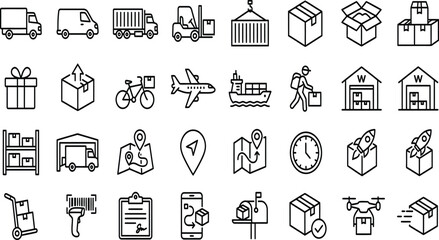 Fototapeta premium Logistics and shipping outline icon set with logistics shipping delivery transport warehouse packaging