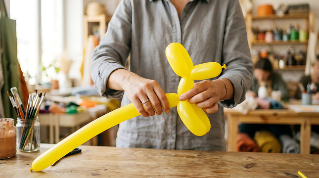 Person twisting yellow balloons to create a balloon animal