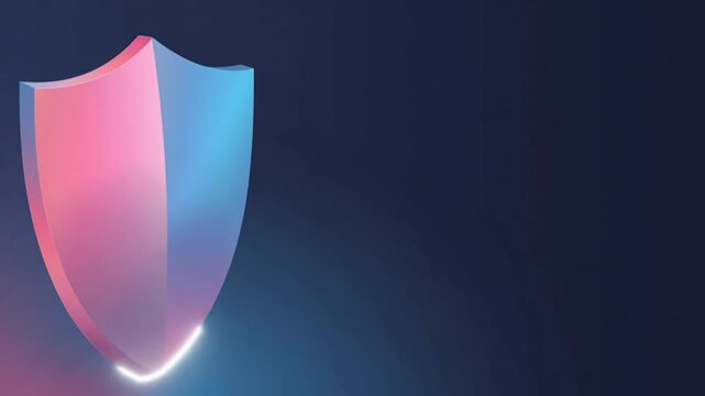 A gradient-filled shield illustration. One side is pink, the other is blue, with a white glow