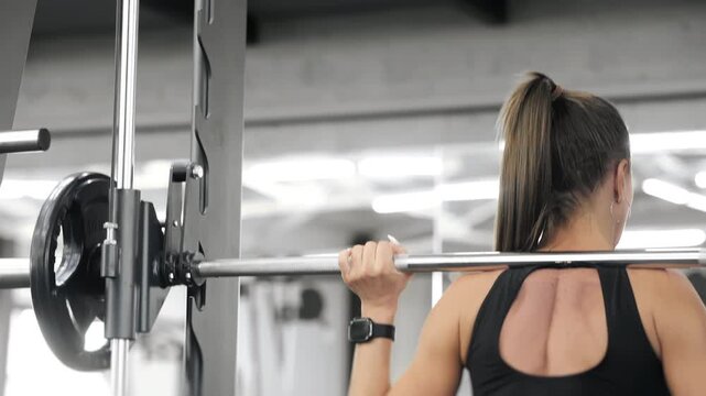 Strong female athlete performing barbell squat workout in gym. Strength training focused on legs, glutes, core stability and overall athletic performance.